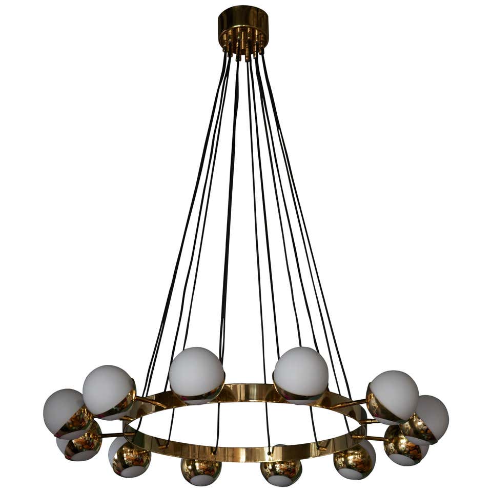 Huge Stilnovo Style Brass and Murano Glass Chandelier