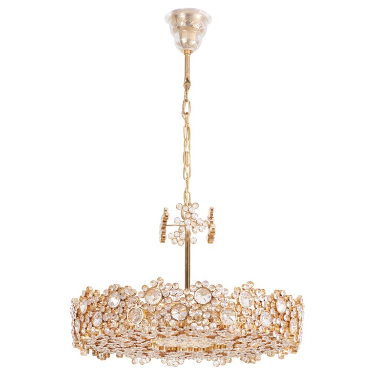 One of Seven Palwa Brass and Crystal Glass Encrusted Chandeliers, Model S101
