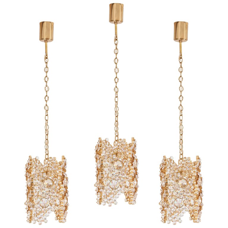 One of Three Palwa Gilded Brass and Crystal Glass Encrusted Pendant Lamps