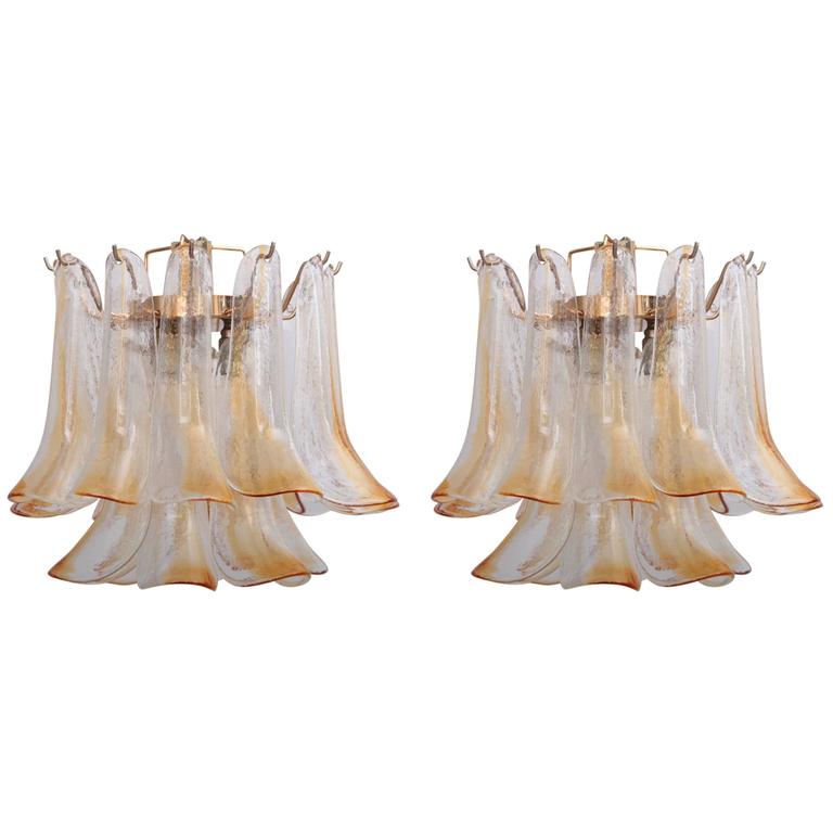 Pair of Vintage 1960s Murano Glass Chandeliers in Amber